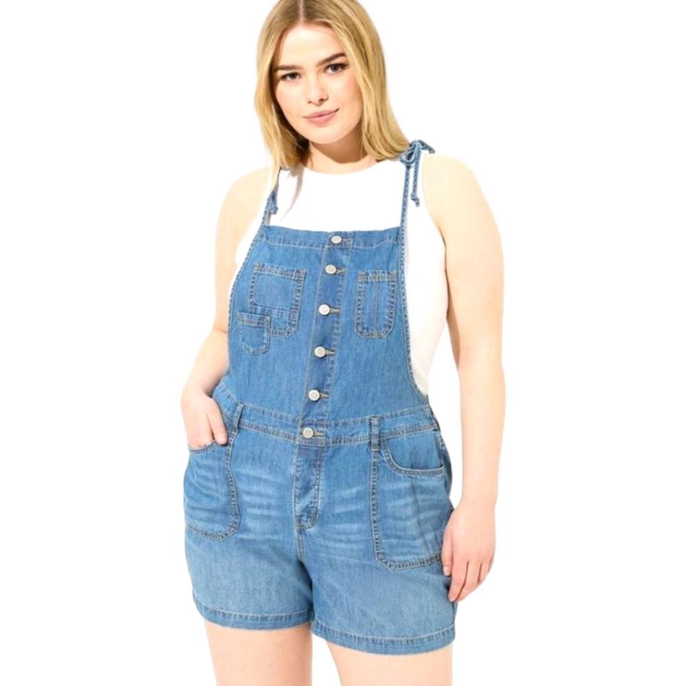 TORRID 5" blue denim light weight self tie Short Tall overall Shorts Size 20